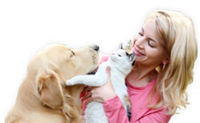 woman loving dog and cat
